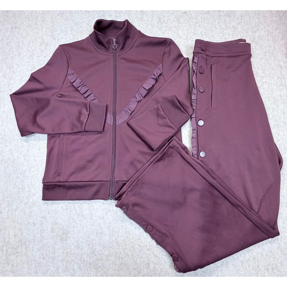 Tory Sport Tracksuit Set Women Medium Burgundy Ruffle Zip Jacket Snap Pants